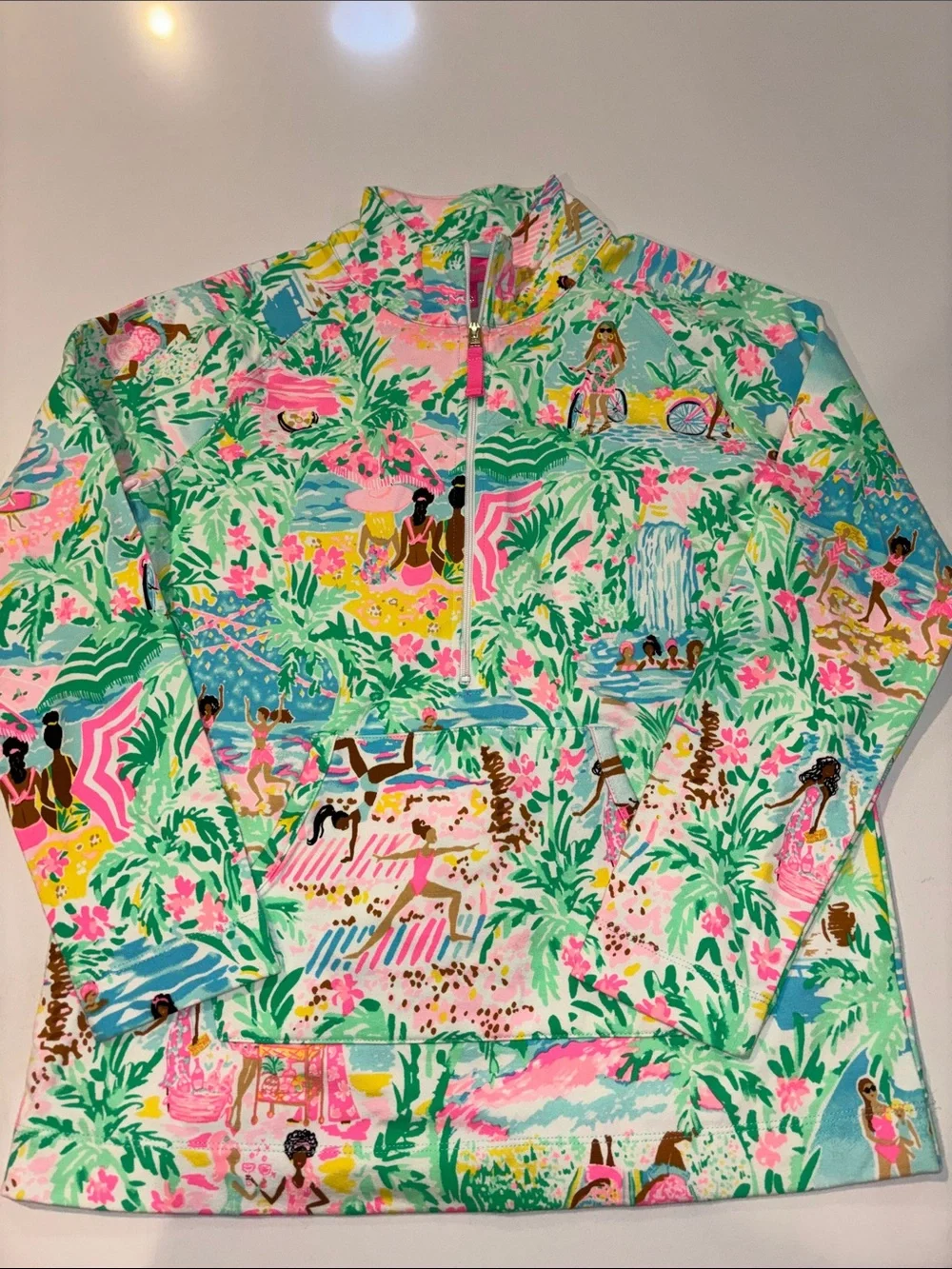 Lilly Pulitzer Tropical Print Quarter-Zip Pullover/Cover Up Jacket - Pink & Aqua